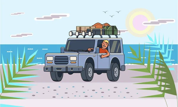 SUV coche con equipaje en el techo y chico sonriente detrás del volante en la playa junto al mar. Vehículo todoterreno en el paisaje marino iluminado por el sol. Mar, sol y automóvil. Ilustración vectorial plana. Horizontal . — Vector de stock