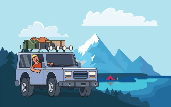 SUV auto con bagagli sul tetto e ragazzo sorridente al volante sulle cime delle montagne paesaggio. Veicolo fuoristrada e campeggio sul lago di montagna. Illustrazione vettoriale. Stile piatto. Orizzonte . — Vettoriale Stock
