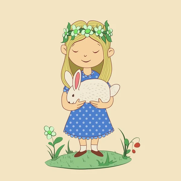 Tekening van schattig meisje met konijn in haar handen. Vrolijk Pasen. Grappig karakter vectorillustratie op beige achtergrond. — Stockvector
