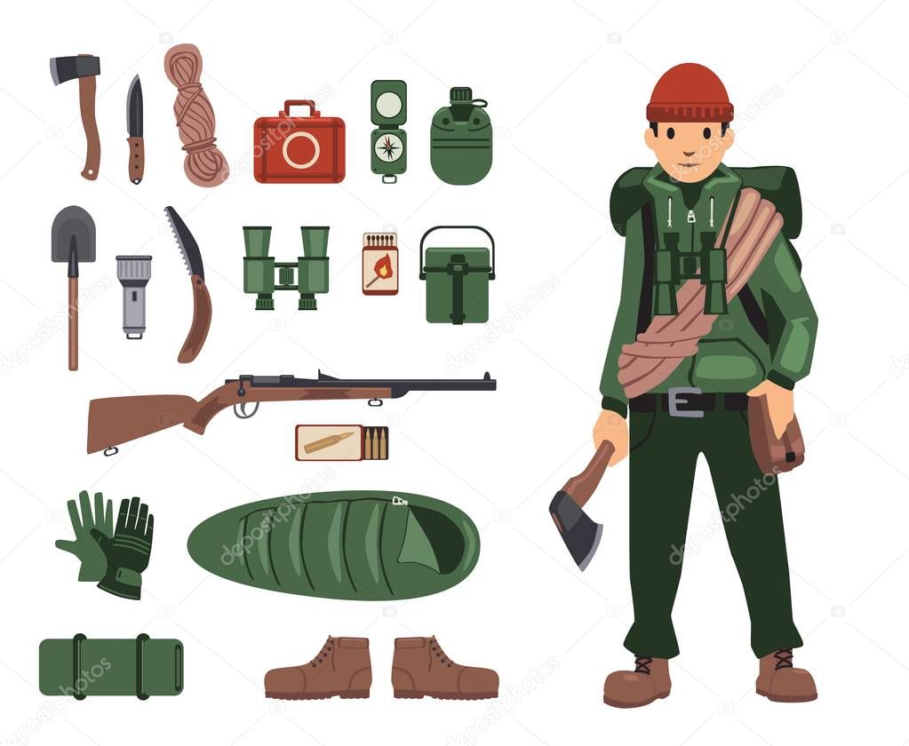 Fully bushcraft-equipped man with isolated bushcraft items nearby. Survival kit in details. Set of isolated images on white background. Vector illustration, flat style.