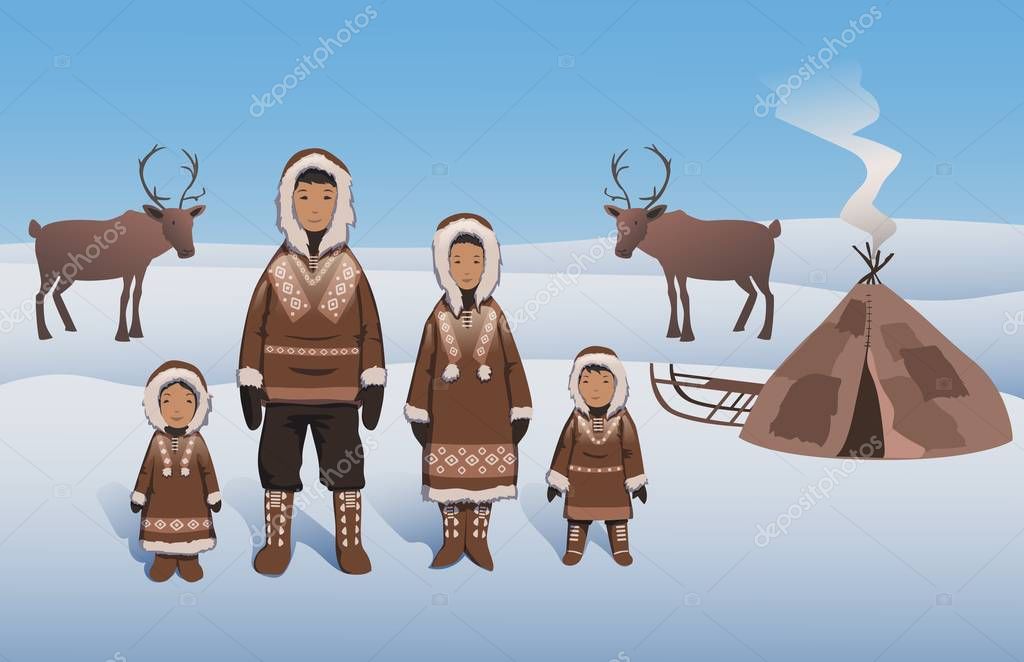 EskimoFamilie in traditioneller Kleidung tatenlos Inuit