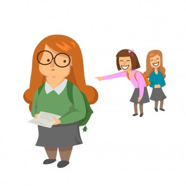 Gülüyor ve yeşil kazaklı obez kız gösteren okul kızları. Vücut yağ shaming önünde küçük düşürülmeni. Okulda bulling. Düz vektör çizim. Beyaz arka plan üzerinde izole.