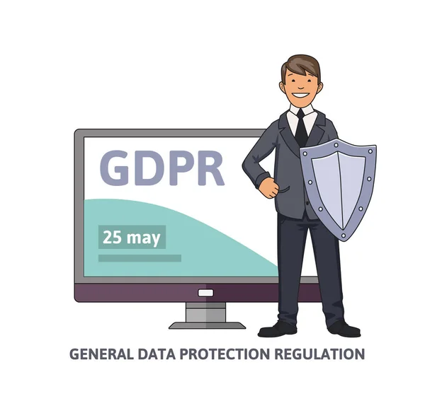 Lächelnder Mann im Business-Anzug mit einem Schild vor dem Computermonitor, auf dem das gdpr-Datum abgebildet ist. Datenschutzgrundverordnung. gdpr, rgpd, dsgvo, dpo. Konzeptvektorillustration. flacher Stil. — Stockvektor