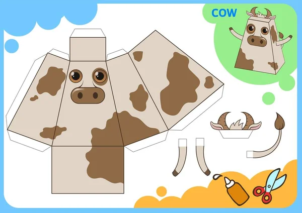 Αστεία αγελάδα χάρτινο υπόδειγμα. Μικρό σπίτι craft έργο, παιχνίδι χαρτί. Κόψτε, Διπλώστε και κολλήστε. Εγκοπές για τα παιδιά. Πρότυπο διάνυσμα. — Διανυσματικό Αρχείο