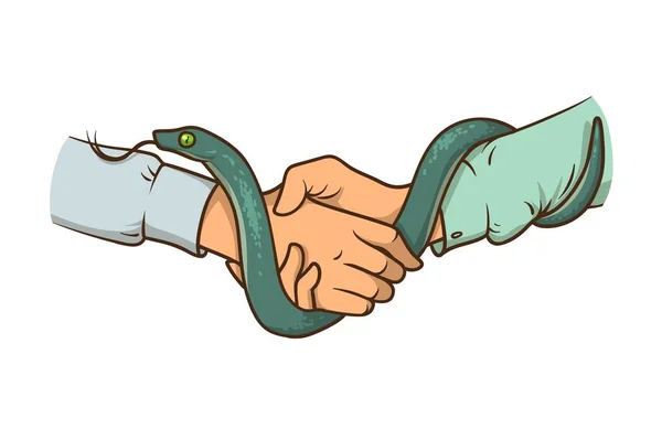 Um aperto de mão com uma cobra. Um aperto de mão de cobra. Serpente verde, duas mãos. Ilustração vetorial sobre fundo branco. Horizontal . —  Vetores de Stock