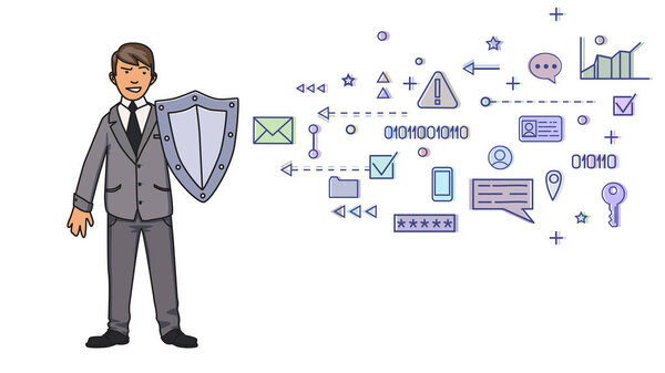 Человек в деловом костюме защищает себя щитом от цифровых и сетевых символов. Защита персональных данных. GDPR, RGPD. Концепция векторной иллюстрации на белом фоне. Плоский стиль. Горизонталь
.
