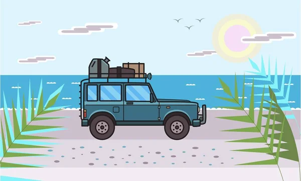 SUV auto con bagaglio sul tetto sulla spiaggia in riva al mare. Veicolo fuoristrada sul mare illuminato dal sole. Mare, sole e automobile. Illustrazione a vettore piatto. Orizzonte . — Vettoriale Stock