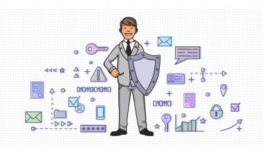 Dijital arasında bir kalkan ile iş elbiseli adam gülümsüyor ve Internet güvenlik sembollerini. Kişisel verilerin korunması. Gdpr, Rgpd, Dsgvo, Dpo. Kavram vektör çizim. Düz stil. Yatay.