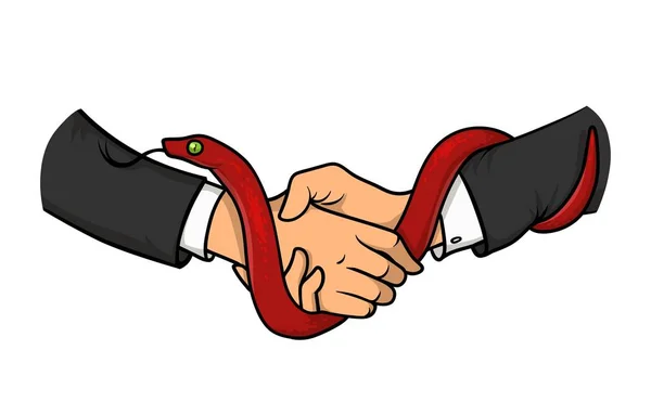 蛇と握手。危険な商売上の取引。赤い蛇、2 つの手。白の背景にベクトル イラスト。水平方向. — ストックベクタ