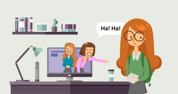 Cyberbullismo, traina. Ragazze adolescenti ridendo e indicando un'altra ragazza dal monitor del computer. Illustrazione del vettore concettuale. Stile piatto. Orizzonte . — Vettoriale Stock