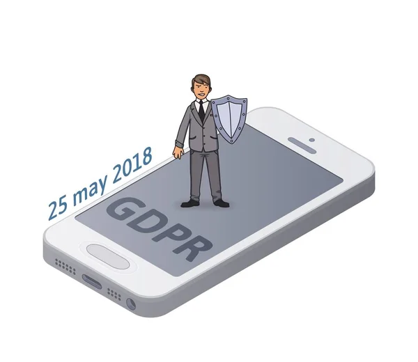 Hombre de traje con un escudo que protege el teléfono inteligente y los datos personales. Fecha de inicio del RGPD. Protección de datos. GDPR, RGPD, DSGVO, DPO. Concepto ilustración vectorial isométrica. Aislado sobre fondo blanco . — Vector de stock