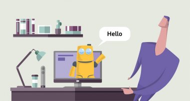 Dost robot birine bilgisayar ekranından konuşuyor. Sohbet etmek konuşma. Chatterbot Aziz Merhaba. Kavram vektör çizim. Düz stil. Yatay.