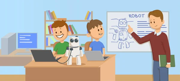 Robotik, bilim eğitim sınıf gülümseyen çocuklar. Öğretmen öğrencilerin önünde bir robot düzeni için robot mekanik açıklayan. Çizgi film vektör çizim. Düz stil. Yatay. — Stok Vektör