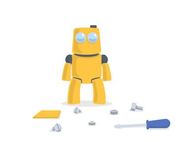 Sevimli sarı robot ayakta yedek parçaları ve araçları önünde. Çizgi film karakteri. Düz vektör çizim. Beyaz arka plan üzerinde izole.