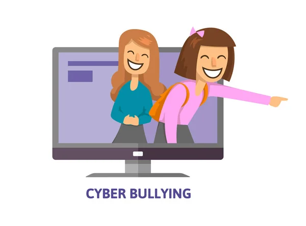 Cyberbullying, trolling. Teenage girls laughing and pointing from computer screen. Concept vector illustration. Flat style. Isolated on white background. — Stock Vector