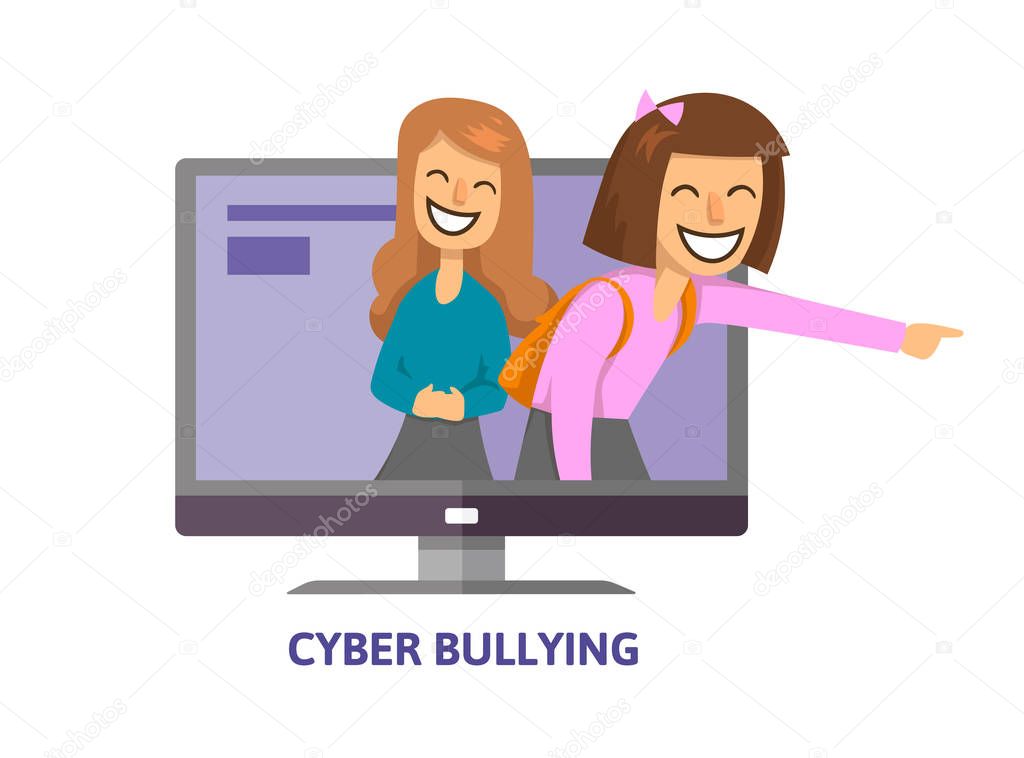 Cyberbullying, trolling. Teenage girls laughing and pointing from computer screen. Concept vector illustration. Flat style. Isolated on white background.