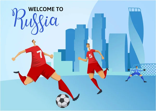 Bienvenido a Rusia. Jugadores de fútbol en Moscú paisaje urbano de fondo. Cartel colorido con letras. Ilustración vectorial plana. Horizontal . — Archivo Imágenes Vectoriales