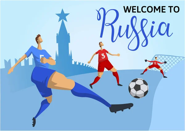 Bienvenido a Rusia. Jugadores de fútbol en el fondo del Kremlin de Moscú. Jugando al fútbol en Red Square. Cartel colorido con letras. Ilustración vectorial plana. Horizontal . — Archivo Imágenes Vectoriales