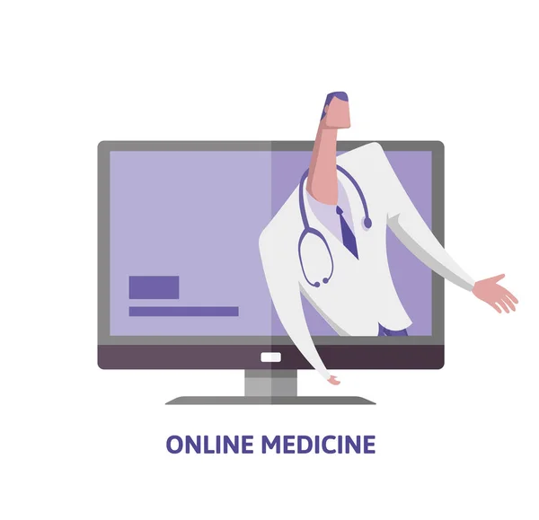 在线医学。在电脑显示器上的人在医疗套装。远程医学。医生在屏幕上。概念向量例证。平坦的风格。在白色背景上被隔离. — 图库矢量图片
