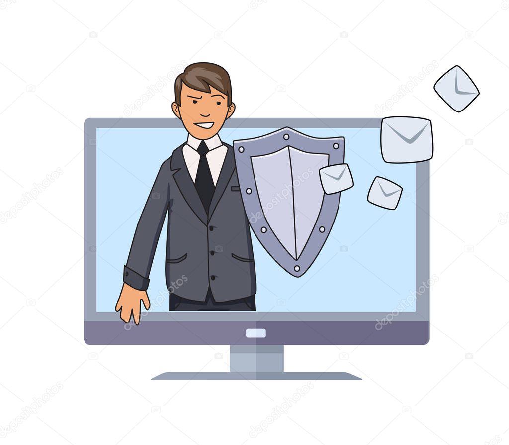 Antispam defender. Man with a shield protecting conputer from unwanted mail and spam. Concept vector illustration. Flat style. Isolated on white background.
