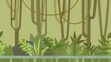 Animasyonlu arka plan. Yeşil orman orman Nehri ile. Düz animasyon, paralaks. Görüntüleri.