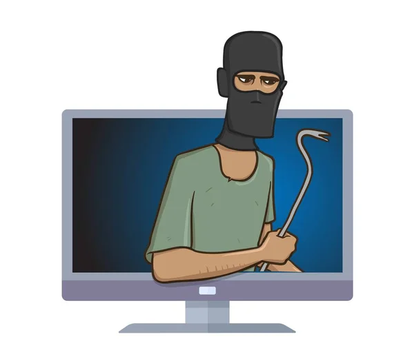 Un ladrón enmascarado con una barra que sobresale del monitor de la computadora. Ladrón con el extractor en su computadora. Ilustración de vectores cómicos. Aislado sobre fondo blanco . — Archivo Imágenes Vectoriales