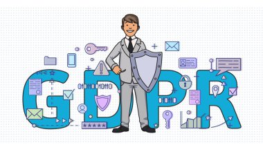 Adam arasında sayısal bir kalkan ile gülümseyen ve Internet simge Gdpr harfleri önünde. Genel veri koruma Yönetmeliği. Gdpr, Rgpd, Dsgvo, Dpo. Kavram vektör çizim. Düz stil. Yatay.