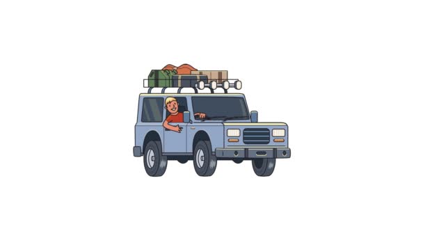 Voiture animée avec bagages sur le toit et un gars souriant derrière le volant. Véhicule hors route en mouvement. Animation plate. Isolé sur fond blanc . — Video