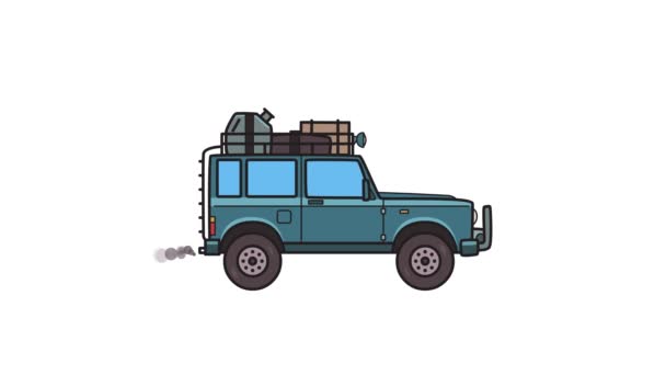Animated SUV car with luggage on the roof trunk. Moving off-road vehicle with cargo on top, side view. Flat animation. Isolated on white background. — Stock Video