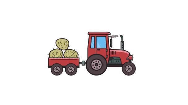 Tractor animado con carro lleno de heno. Vehículo agrícola en movimiento, vista lateral. Animación plana. Aislado sobre fondo blanco . — Vídeo de stock