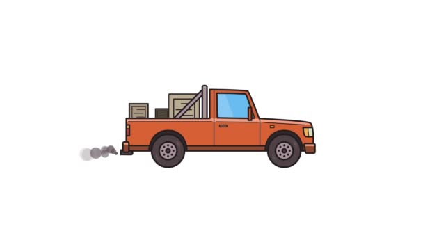 Анимационный красный пикап с коробками в багажнике. Машина доставки, вид сбоку. Плоская анимация. Изолированный на белом фоне . — стоковое видео