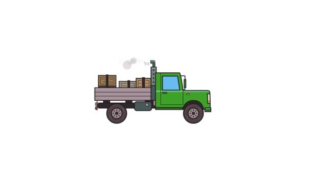 Camion vert animé avec des boîtes dans le coffre. Voiture lourde en mouvement, vue latérale. Animation plate. Isolé sur fond blanc . — Video