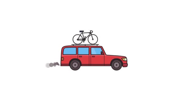 Animated red SUV car with bicycle on the roof trunk. Moving minivan, side view. Flat animation. Isolated on white background. — Stock Video