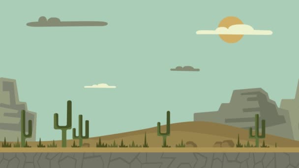 Animated background. Desert landscape with cactuses, stones and mountains. Flat animation, parallax. Footage. — Stock Video