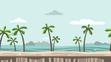Animasyonlu arka plan. Palmiye ağaçları ve kayaları ile plaj ufukta. Hareketli deniz görünümü. Düz animasyon, paralaks. Görüntüleri.