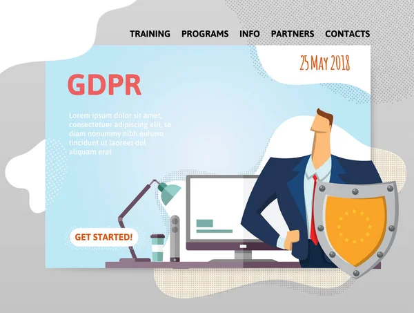 Gdpr Data. Dane ogólne rozporządzenie o ochronie. Człowiek z tarczy z przodu komputera. Szablon projektu witryny sieci Web, plakat, nośników wydruku. Ilustracja wektorowa. — Wektor stockowy