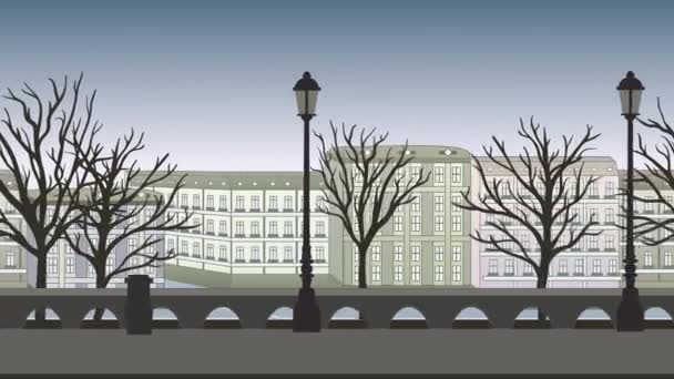 Animated background. European city street with buildings, trees and lampposts. Flat animation, parallax. Footage. — Stock Video