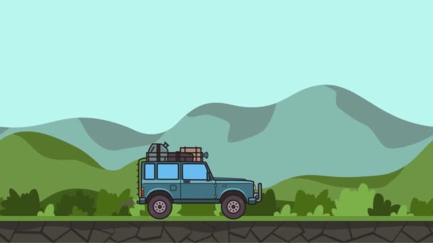 Voiture SUV animée avec bagages sur le coffre du toit à travers la vallée verte. Déplacement véhicule hors route sur fond de paysage vallonné. Animation plate . — Video