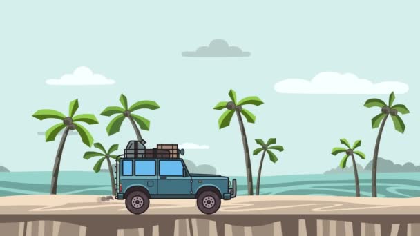 Coche SUV animado con equipaje en el maletero de la azotea que monta en la playa. Vehículo todoterreno en movimiento en el paisaje marino, vista lateral. Animación plana . — Vídeo de stock