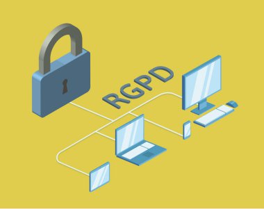 Gdpr, Regolamento generale Rgpd, İspanyolca ve İtalyanca Sürüm sürümünü sulla protezione dei dati. Kavram vektör izometrik çizimde, izole. Genel veri koruma Yönetmeliği.