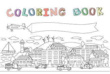 Evler, arabalar, uçak ve gemi ile şehir kontur görüntüsü. Bir uçak afiş boşaltmak. Çizgi vektör çizim boyama kitabı için. Karikatür tarzı. Yatay.