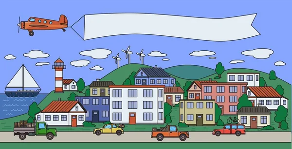 五颜六色的城市形象与房子, 汽车, 飞机和小船在海。Copyspace 在一个平面横幅上。平面矢量图。卡通风格。水平. — 图库矢量图片