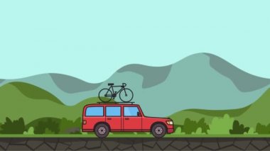 Kırmızı Suv araba bisiklet sürme yeşil vadi boyunca çatı gövde ile animasyon. Minibüs dağlık manzara arka plan üzerinde hareket. Düz animasyon.