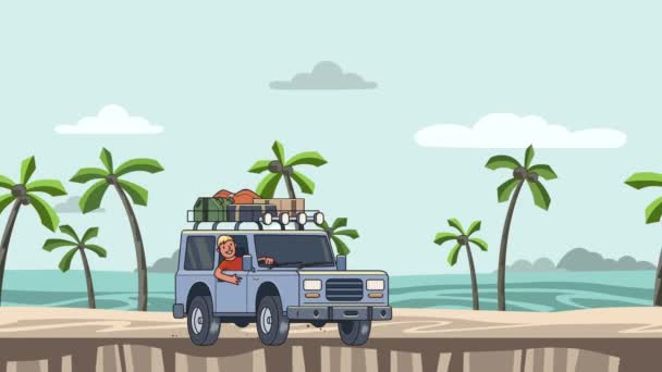 Coche animado con equipaje en el techo y chico sonriente detrás del volante cabalgando en la playa. Vehículo en movimiento en el paisaje marino. Animación plana . — Vídeos de Stock
