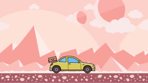 Coche coupé animado con equipaje en la capucha trasera montando a través del desierto rosa extraterrestre. Moviendo hatchback sobre el fondo del desierto de Montain. Animación plana . — Vídeo de stock