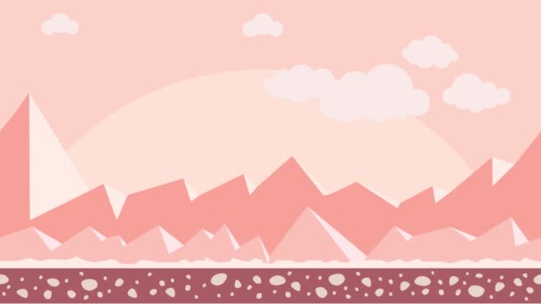 Animerade futuristis bakgrund. Ökenlandskap med montains, sol och moln i rosa färg. Flat animation, parallax. Footage. — Stockvideo