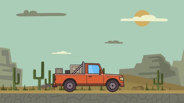 Animierte Pickup-Truck mit Kisten im Kofferraum Fahrt durch Canyon Wüste. fahrender Lieferwagen auf Wüstenlandschaft Hintergrund. Flache Animation. — Stockvideo