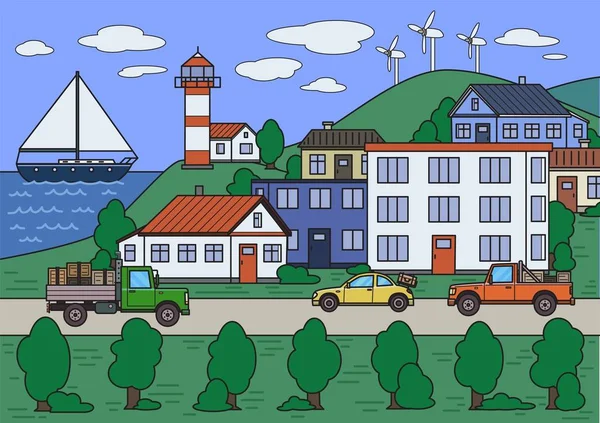 Kleurrijke stad afbeelding met bomen, huizen, auto's en boot. Platte vectorillustratie. Cartoon stijl. Horizontale. — Stockvector