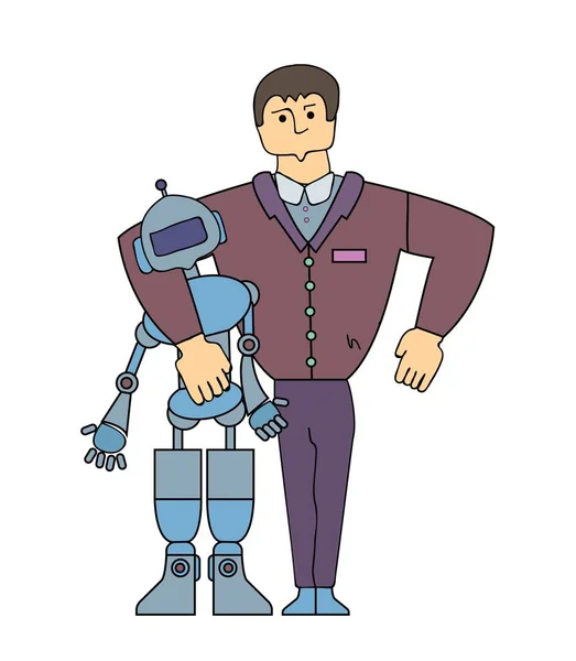 Interaksi Manusia-Robot. Pria yang kuat berteman dengan robot. Karakter kartun. Ilustrasi vektor garis sederhana. Terisolasi pada latar belakang putih . - Stok Vektor
