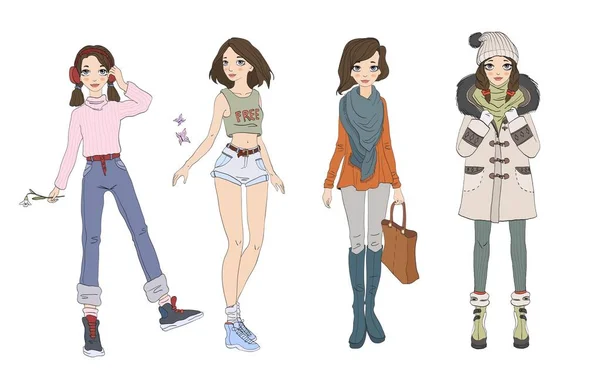Niedliche Teenager-Mädchen in verschiedenen Jahreszeiten Outfits. Kleidung für vier Jahreszeiten. eine Reihe von Zeichen. Vektorillustration. isoliert auf weißem Hintergrund. — Stockvektor